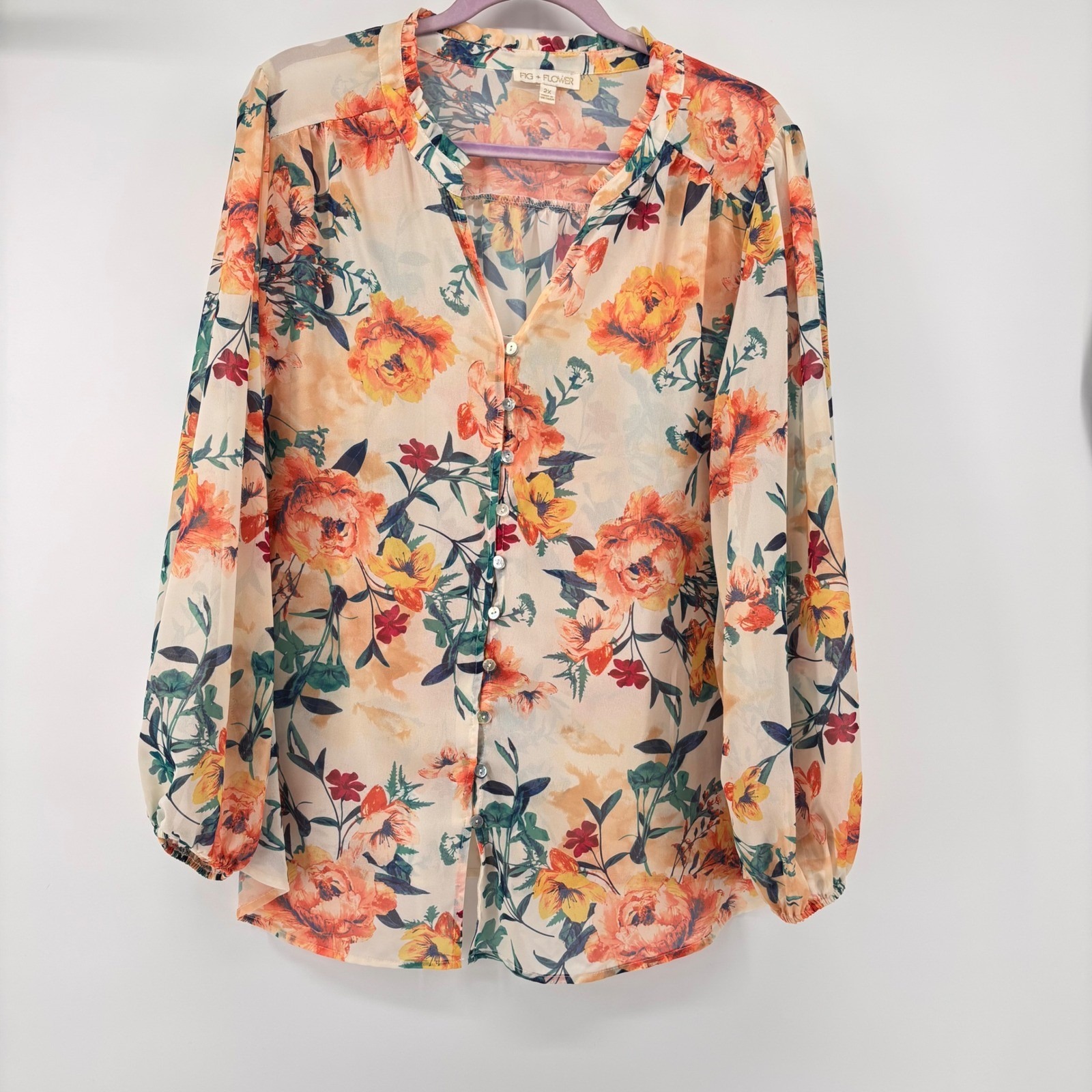 Fig + Flower Womens 2x Floral Chiffon Peasant Blouse Orange Yellow Ruffle V-Neck